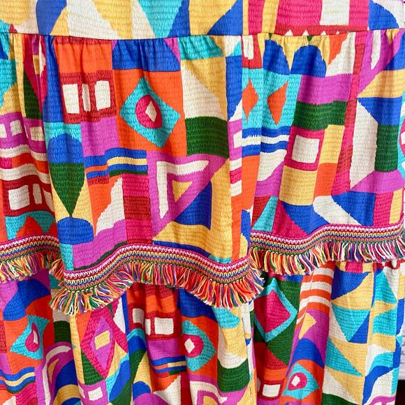 Antonio Melani Bold Multicolor Tiered Maxi Skirt Size 6 Fringed Resort Cruise - Picture 6 of 9